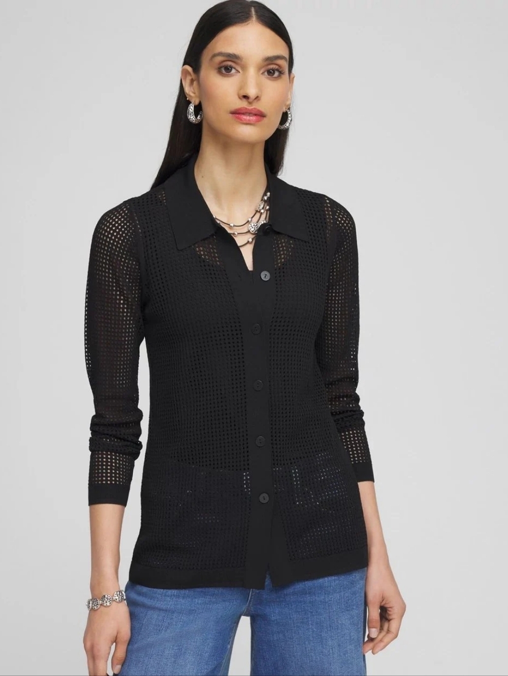 Chico's NWT Cardigan Collared Pointelle Sweater Black 4/XXL